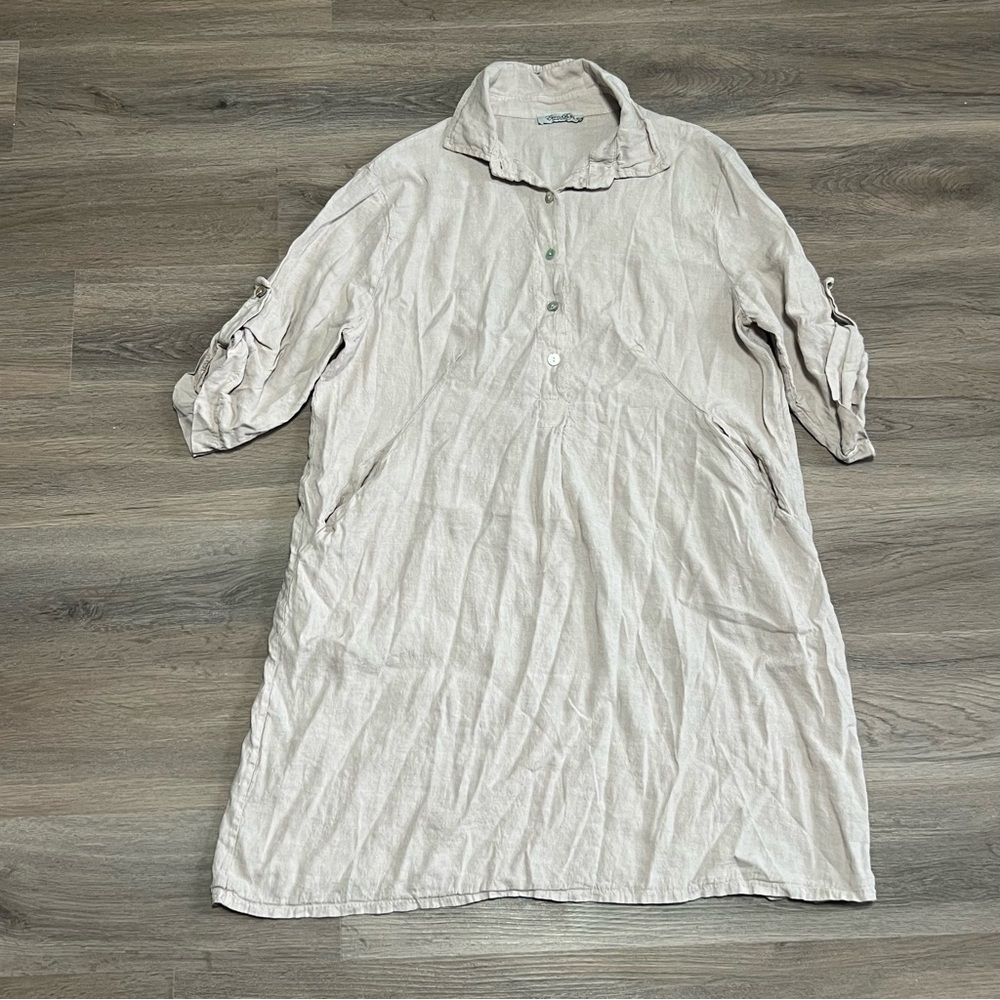 Elena Baldi Small Tunic Dress Beige Lagenlook 100% Linen Italy Made Pockets